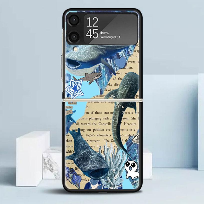 Ocean Whale Shark Black Cover for Samsung Galaxy Z Flip 7 6 5 4 3 5G Phone Case Flip7 Flip6 Flip5 Flip4 Flip3 Pattern Case Galax