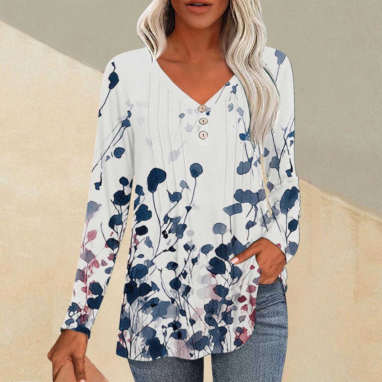 

Женская модная повседневная плиссированная футболка с V-образным вырезом и растительным принтом, длинный рукав XL фиолетовый