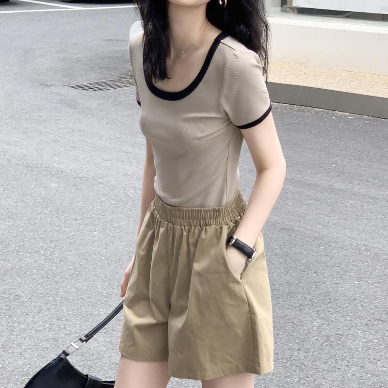 Women's Summer Temperament Short New High-waist Contrasting U-neck Versatile Short-sleeved Top