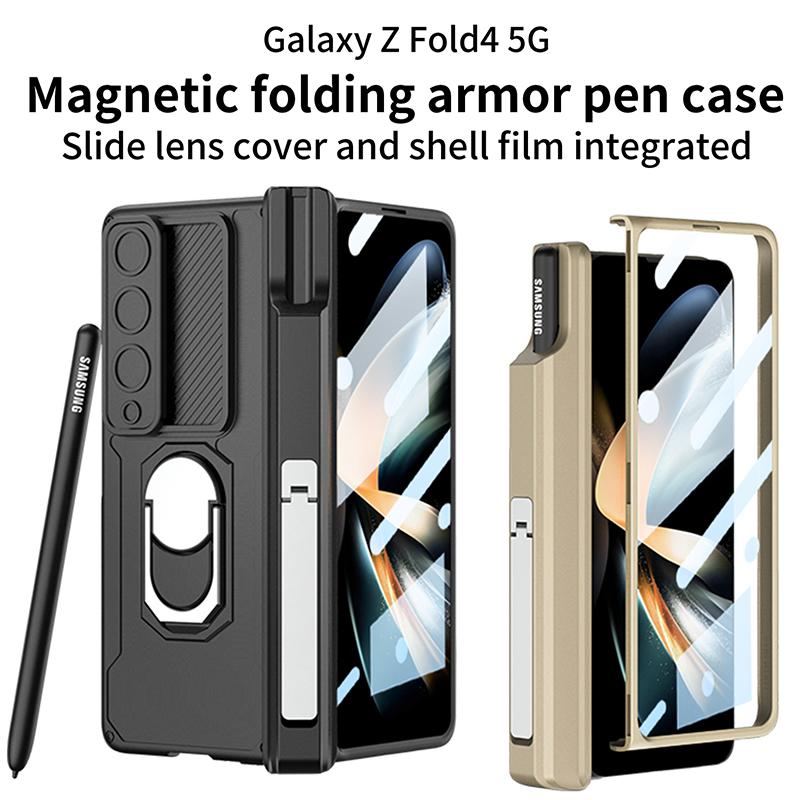 Ebesfous Magnetic Armor Pen Holder Case For Samsung Galaxy Z Fold 4 5g Magnetic Hinged Cases With Front Glass 2 Bracket Lens Cap