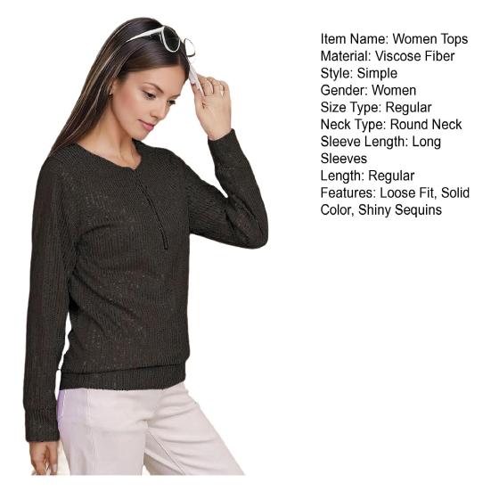 Women Tops Round Neck Zipper Half Placket Long Sleeve Pullover Tops Solid Color Shiny Sequins Loose Fit Blouse