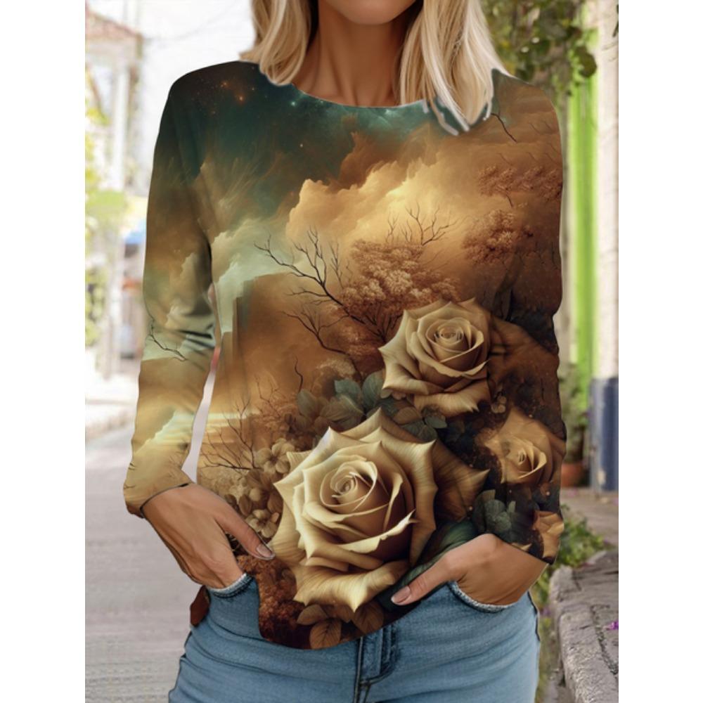 Świąteczny damski okrągły dekolt długi rękaw róża retro nadruk długi rękaw nadruk 3d świąteczny pulower długi rękaw wiosna i jesień