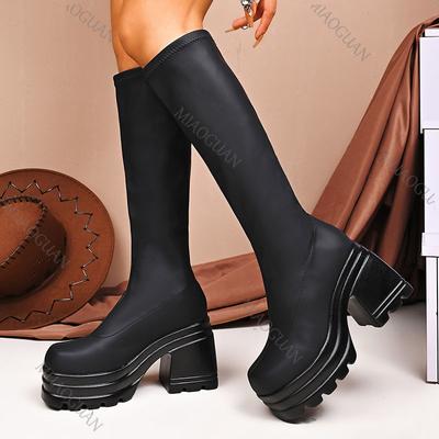 Mode Herfst en Winter Zwarte Lange Laarzen voor Dames Platform Grote Maat Ronde Neus Blokhoge Hakken Bota Feminina Elastische Ridderlaarzen