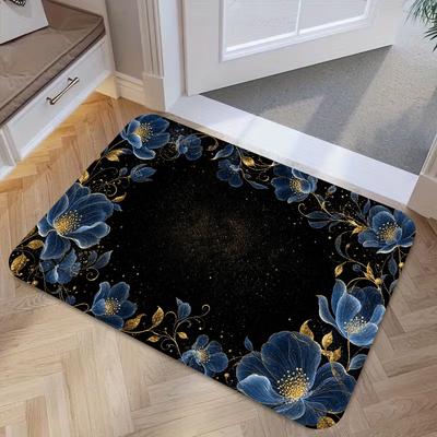 1pc, 2D Flat Printing, Black Starry Sky Blue Flower Golden-Trimmed Floor Mat, Non-Slip Machine Washable Easy-to-Clean Polyester Mat, Suitable for Home
