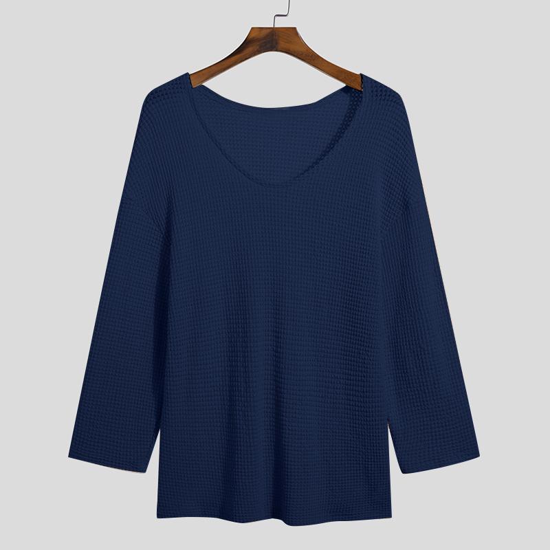 

Autumn Men s Clothing Luxury Knit T Shirt Solid Color V Neck Long Sleeve Leisure Streetwear Popular Hollow Out Loose Tees S-3XL 3XL темно-синього кольору