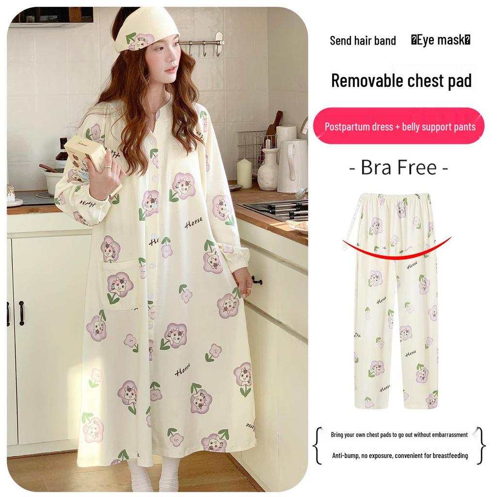 Plus Size Maternity Nightgown with Breast Pads for Postpartum, Spring, Summer, Autumn; Comfortable Labor Dress for Pregnant Women