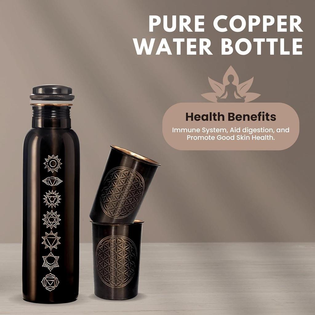 Copper Water Bottle 1 Ltr | Copper Water Bottle with Glass Set | Meena Work | 100% Pure | Leak-Proof | 2 Water Glass 300ml Each |
