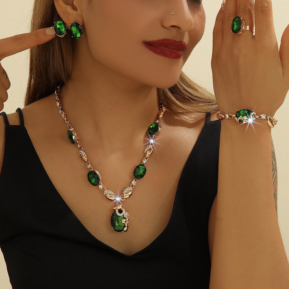 Exaggerated Diamond-set Green Oval Necklace Earrings Ring Bracelet Four-piece Jewelry