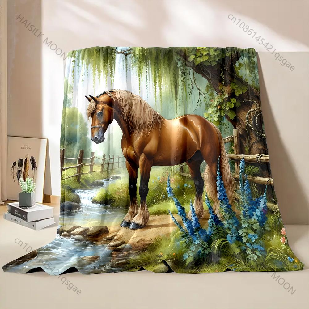 Multi-Sizes Horses By The Stream Print Blanket Warm Soft for Sofa Bed Home Travel Camping Blanket All Seasons Luxury Gifts