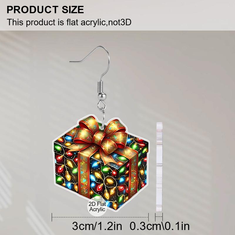 2D Flat Christmas Ribbon Box Dangle Earrings, Lightweight Acrylic Material,Ideal for Party Gifts, Jewelry, and Christmas Gifts.