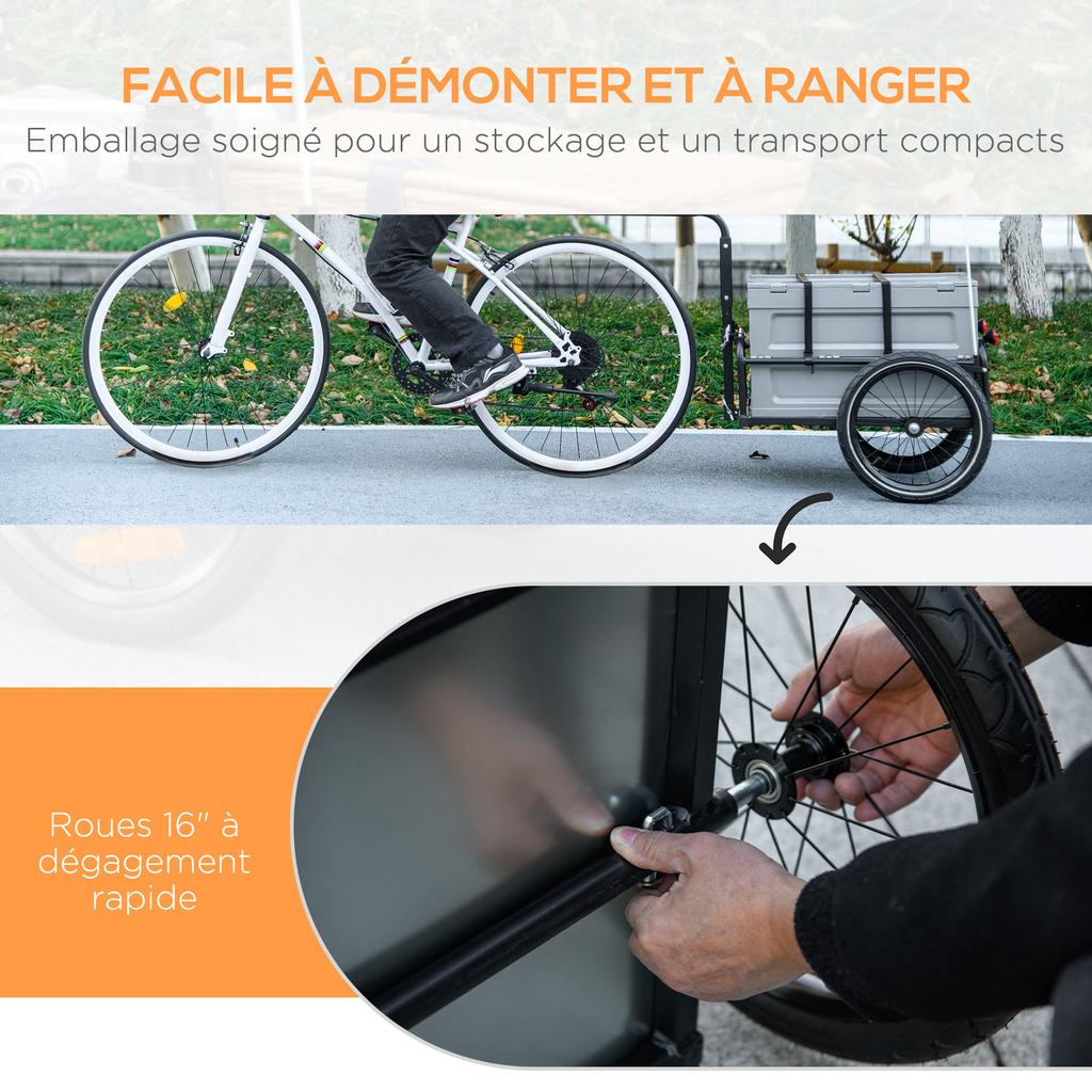 Carrellino per Bici con Scatola Portaoggetti Rimovibile e Pieghevole da 65L, Riflettori di Sicurezza, Max. Carico 40KG, Grigio