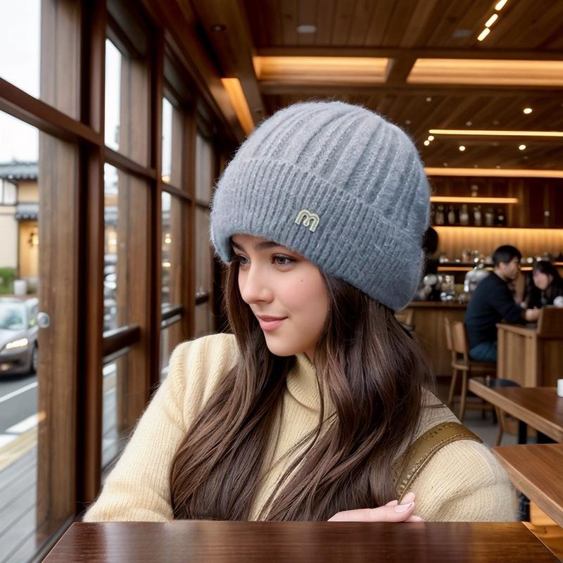 Women's Korean Fashion Mink Knitted Hat – Versatile Solid Color, Plus Velvet, Thickened, Cold-Proof Wool