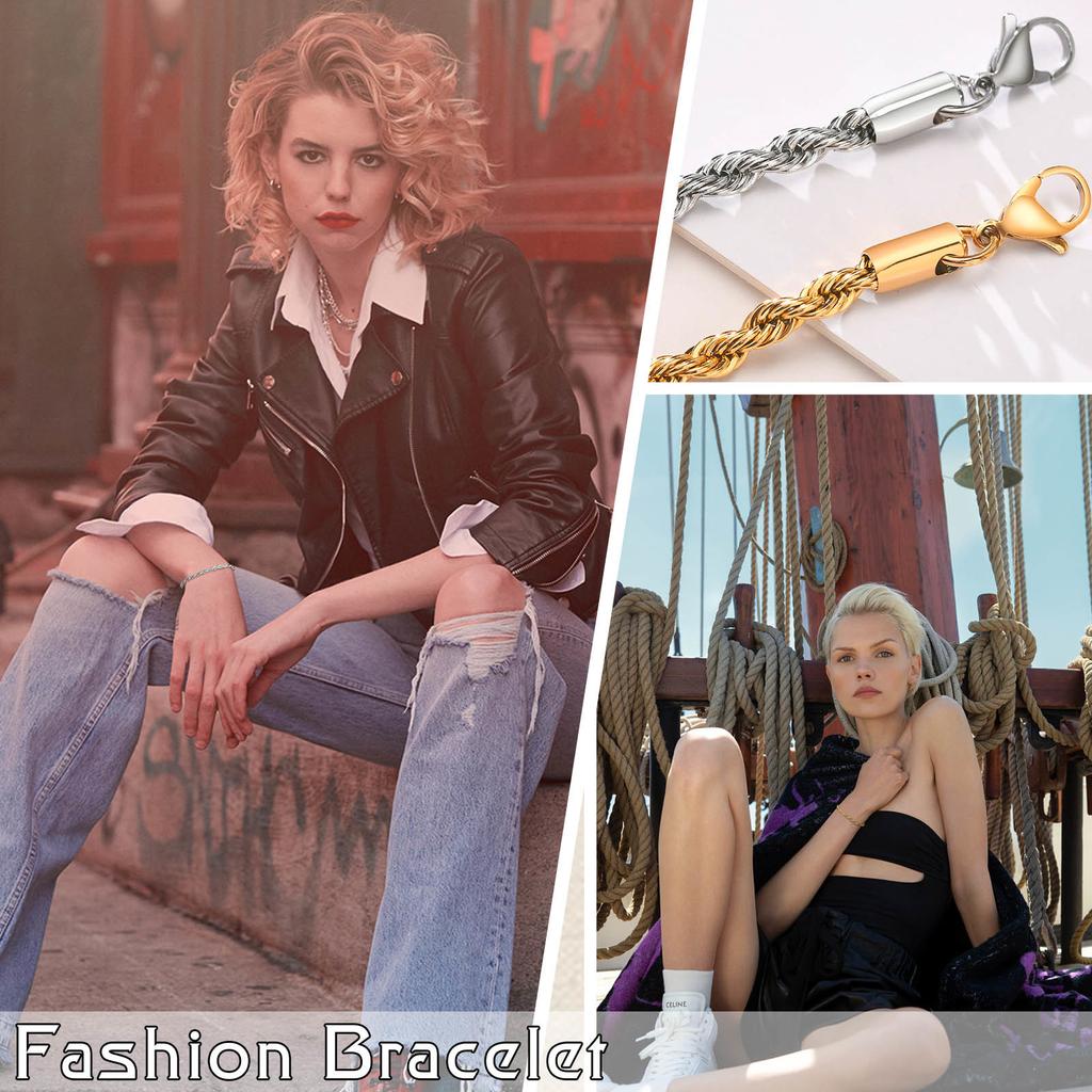 Brățări Vnox Chic cu Lanț de Frânghie pentru Femei Bărbați, 2/3/4/5mm Oțel Inoxidabil Zale Flash Bijuterii de Încheietură pentru Femei, Lungime Ajustabilă