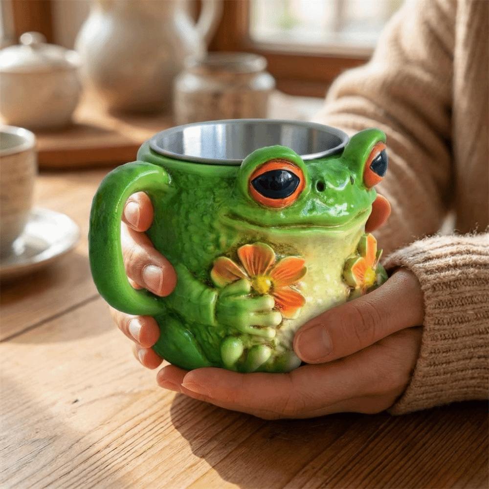 Resin Frog-Shaped Coffee Cup Anti Slip Cartoon Water Cup Safe Frog Floral Pattern Mug Juice