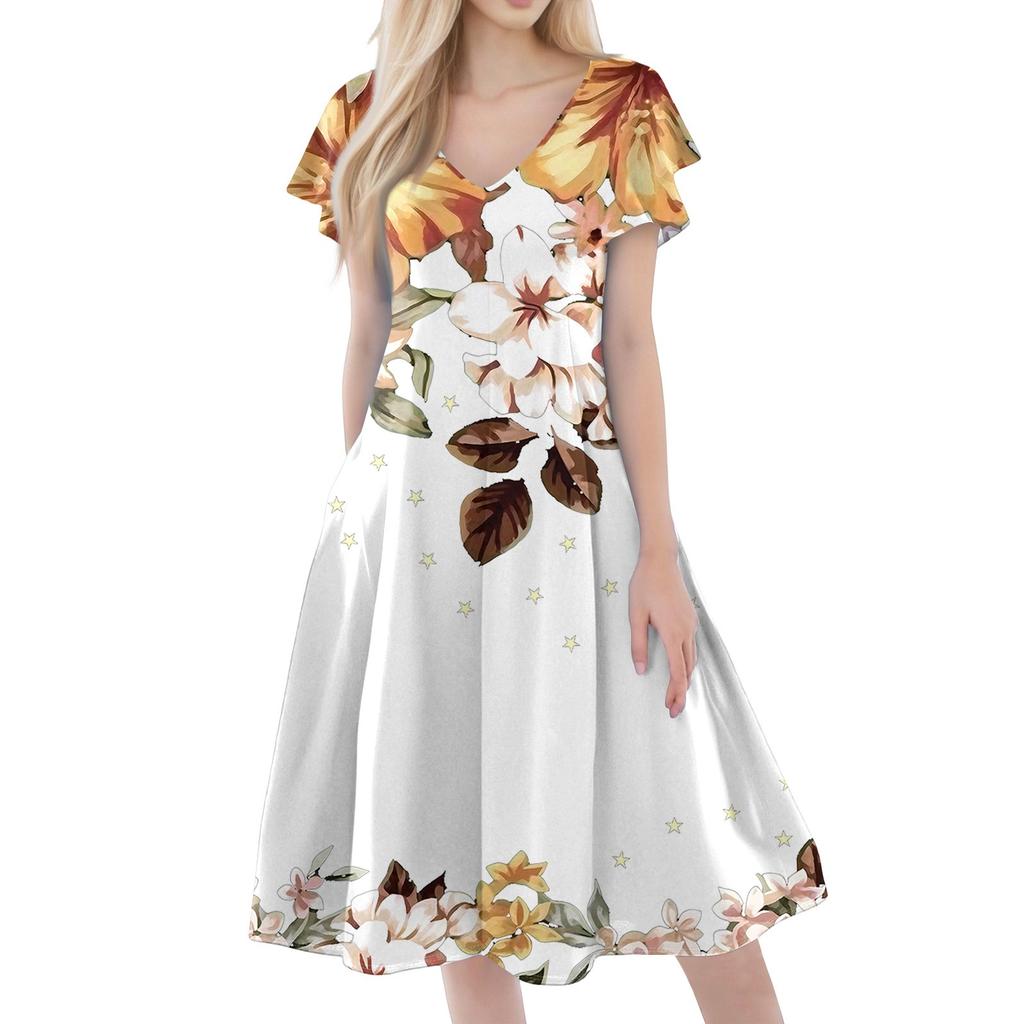 Women's Casual Fashion V-neck Short Sleeve Print Dress With Pockets