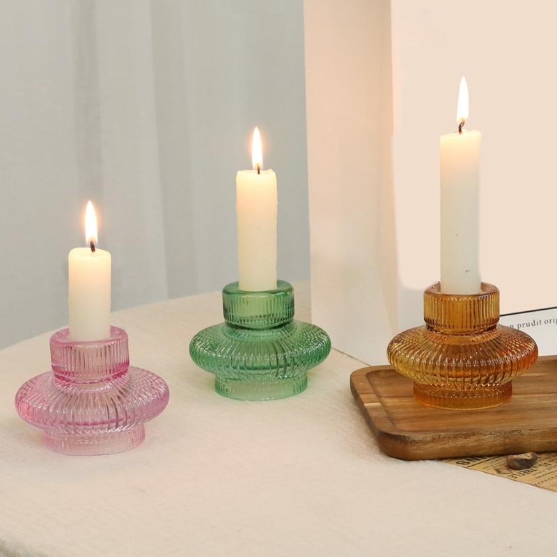 Set of 6 Double Use Striped Glass Candlestick Flower Vases for Elegant Decoration Glass Candlestick Holder Homes Accent