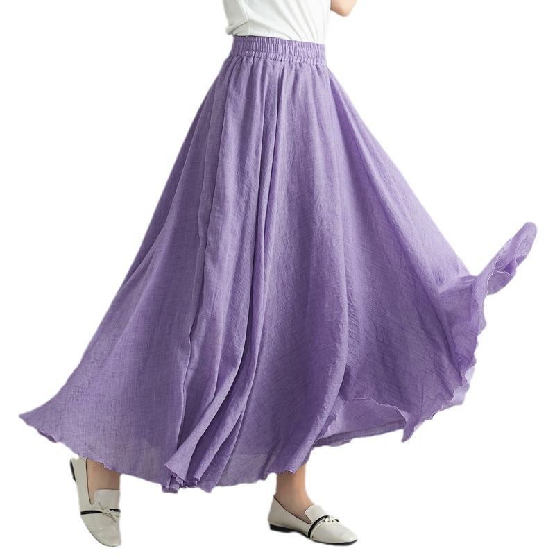 38-Color Plus Size Japanese Cotton Linen A-Line Midi Skirt with Elastic Waist