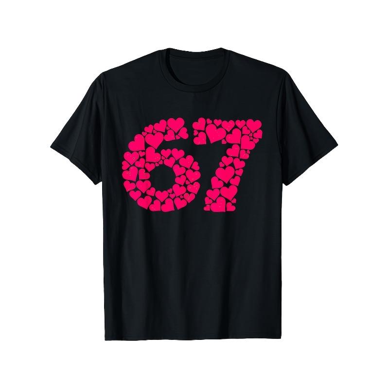 67 Valentine Number Filled with Hearts Romantic Design T-Shirt | Casual Style, Crew Neck, Regular Fit, All-season, Short Sleeve, Print Pattern S чёрный