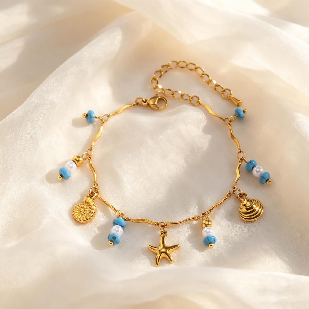 Stainless Steel Sea Shell Conch Starfish Turquoise Imitation Pearl Pendant Bracelets, Gold Plated Wave Chain Bracelet Jewelry