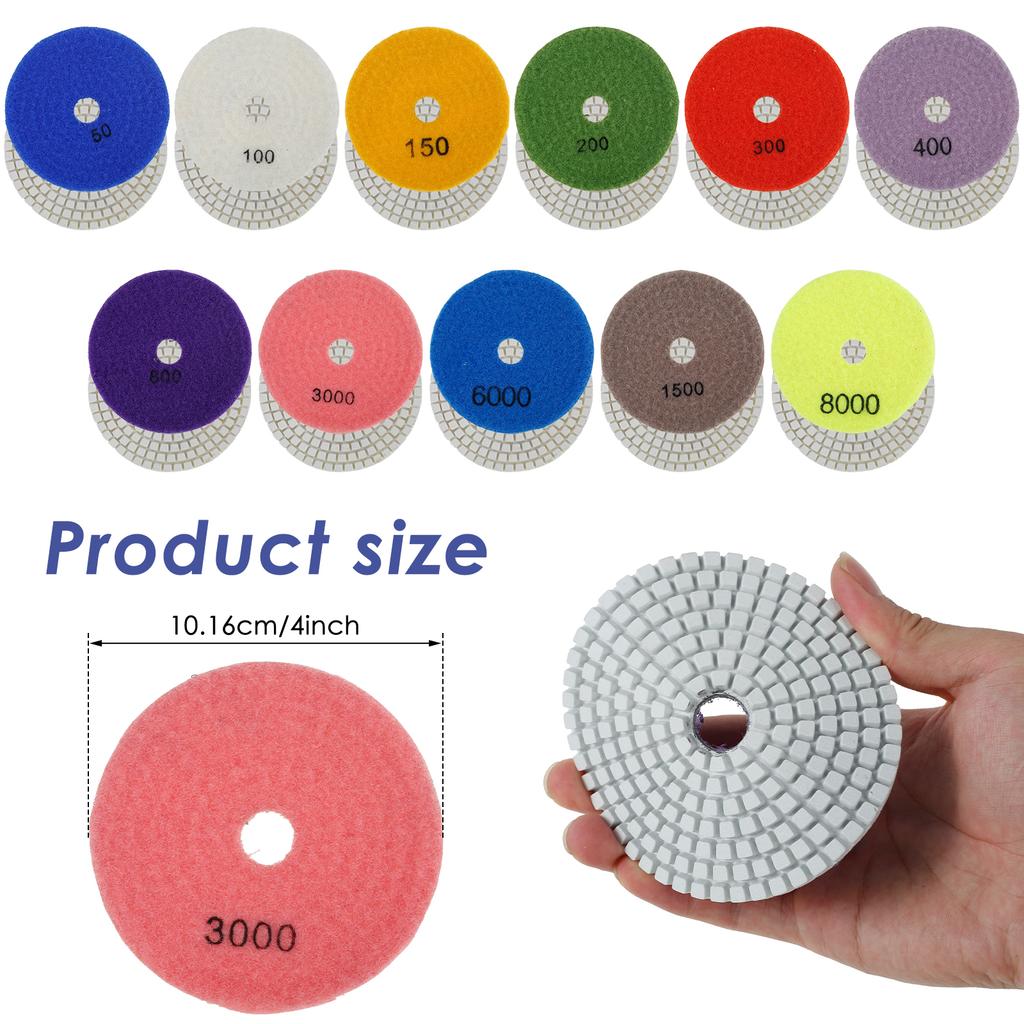 10-16pcs 4 inch Diamond Polishing Pads Kit Wet/Dry Buff Disc Abrasive Grinding Discs Set for Granite Concrete Glass Polishing