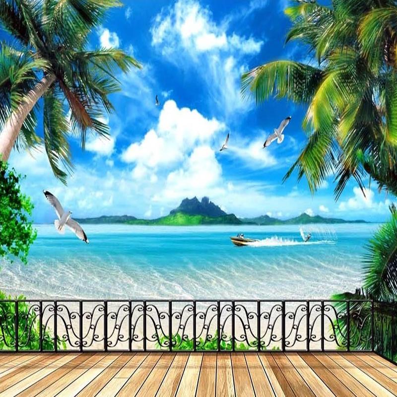 Custom 3D Wall Mural Wallpaper Modern Beach Balcony Scenery Outside Window Sea View Wall Painting Living Room TV Sofa Wallpapers