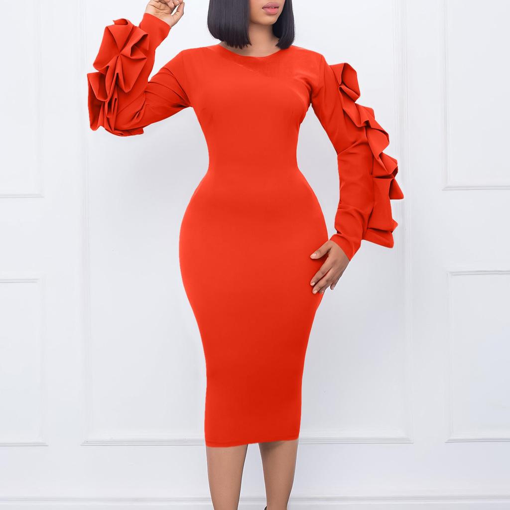 Long Sleeve Bodycon Dress Women Ruffles Sleeve Solid O Neck Package Hips Mid Calf Dress Clothes Robe