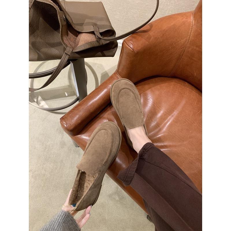 Cowhide Version~ Genuine Leather Retro Soft Waxy Women's Autumn and Winter New Round Head One-pedal Plush Beanie Shoes