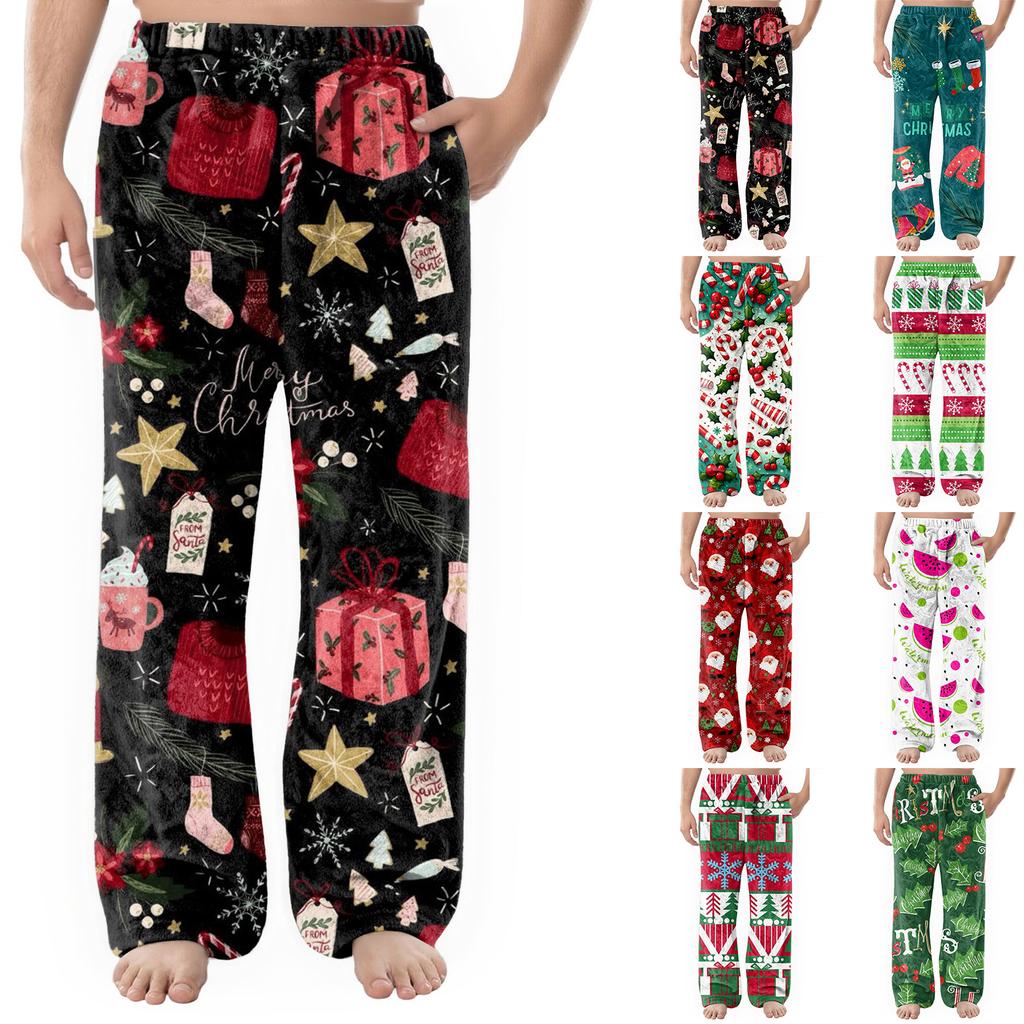 Men's Flannel Pocket Casual Pants, Printed Pocket Casual Pants, Home Sleeping Pants