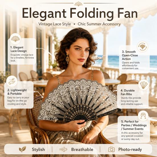 Vintage Folding Fan Carved Plastic Ribs Hand Held Fan Portable Summer Cooling Fan Wedding Dance Party Performance Props
