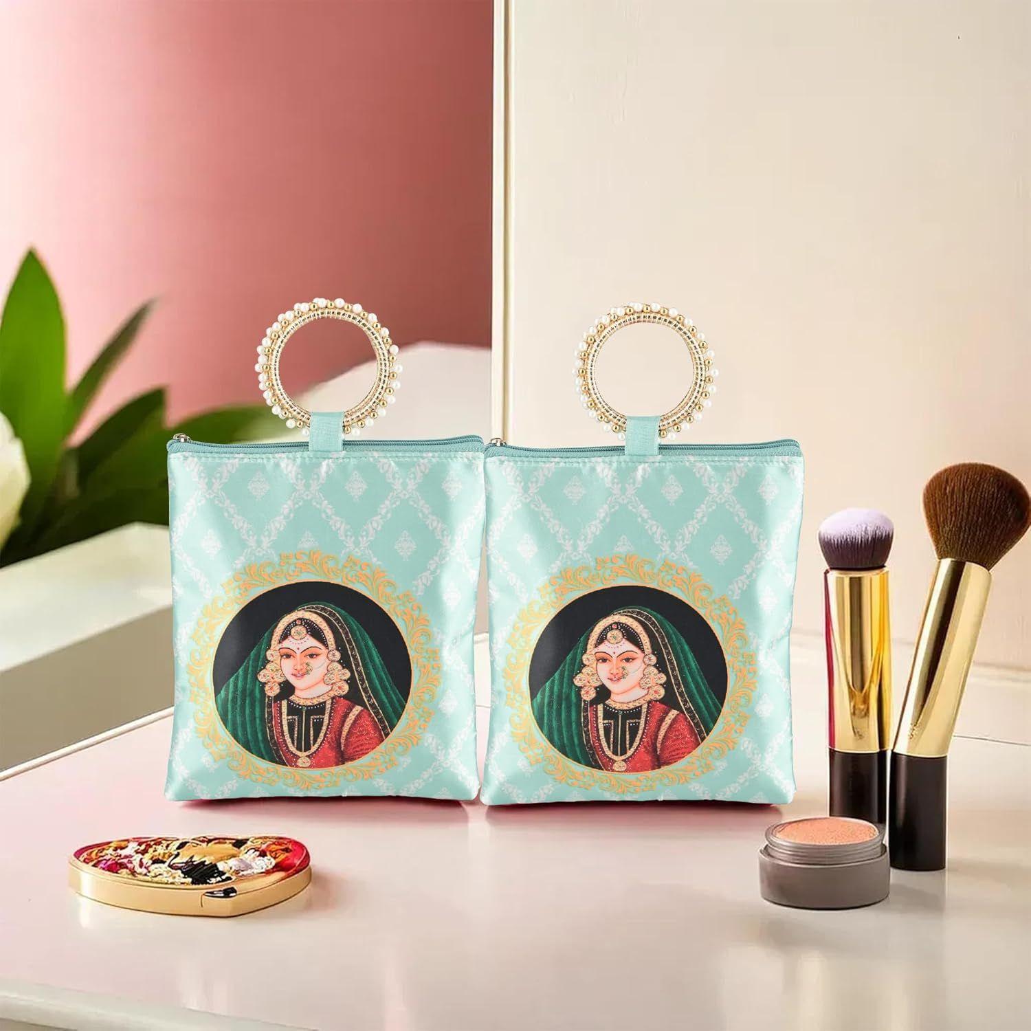 

2 Pcs Silk Small Hand Bags for Women Stylish with Zip & Handle | Traditional Handheld Bags for Women | Ethnic Ladies Purse Handbag for Return Gifts