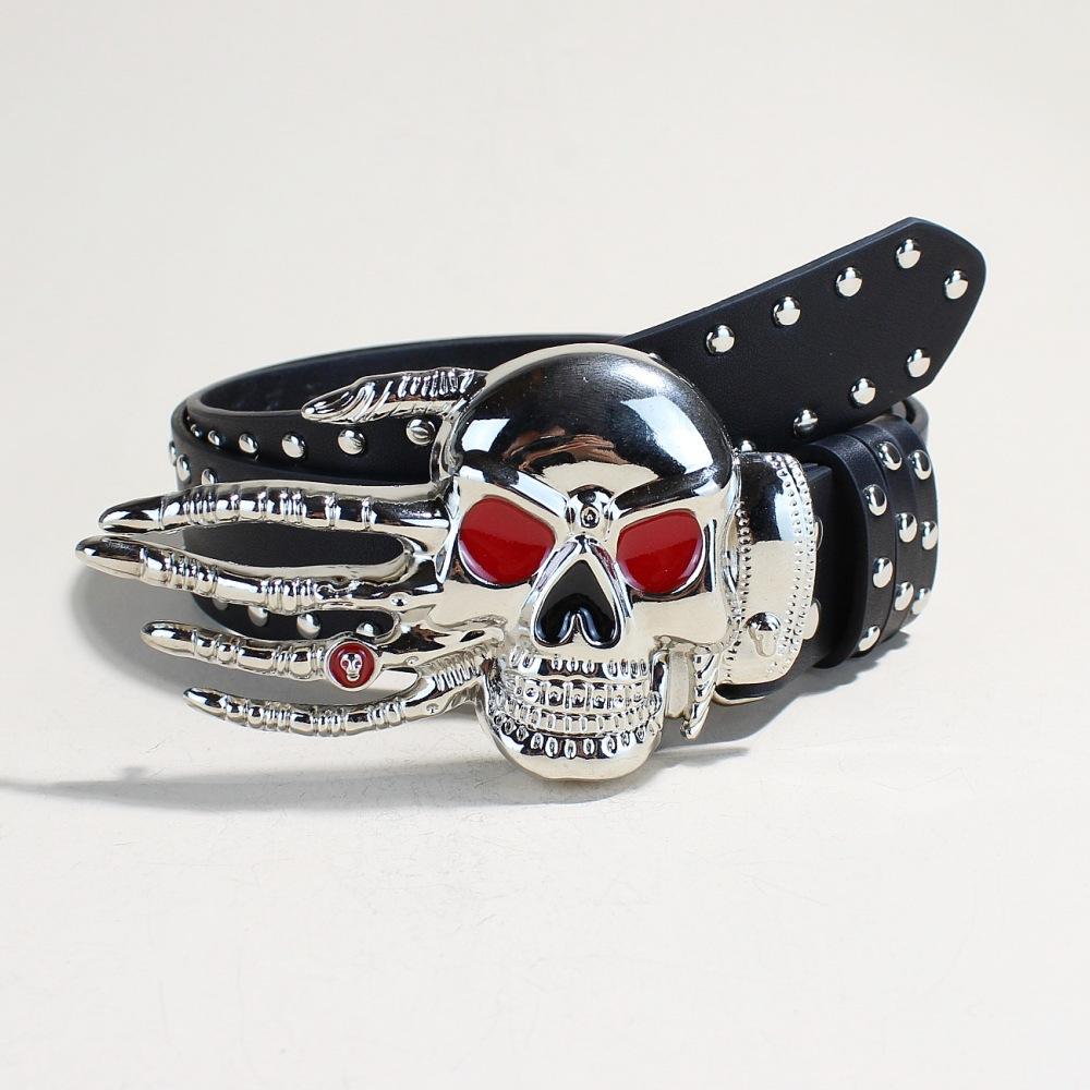 

Personalized Lady Belt Dark Wind Belt Halloween Belt Button Head Big Skull Domineering Exaggerated Rivet Punk Woman 110Cm long