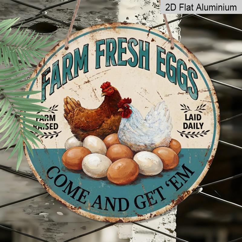 2D Flat 1pc, 8x8 In, Fresh Eggs From The Farm Metal Sign - Rustic Farmhouse Aluminum Metal Decorative Signs & Plaques, Durable Indoor/Outdoor