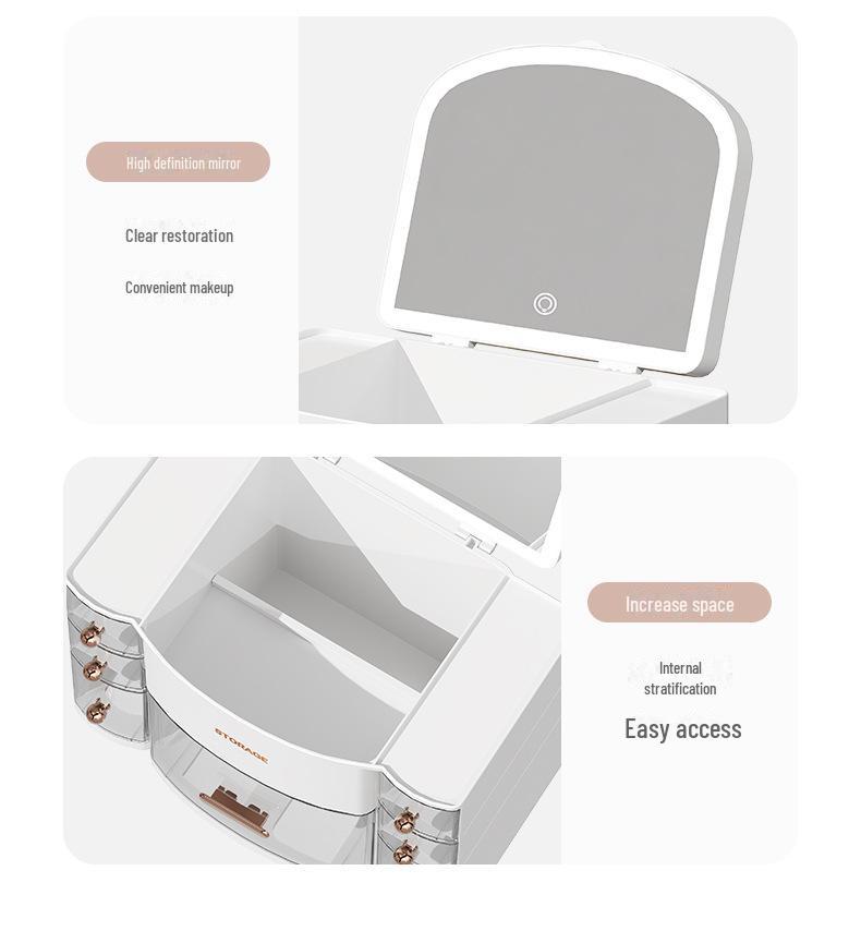 Beleuchtete 3-Farben Kosmetik-Aufbewahrungsbox mit Spiegel, Staubdichte Desktop-Schublade für Hautpflege