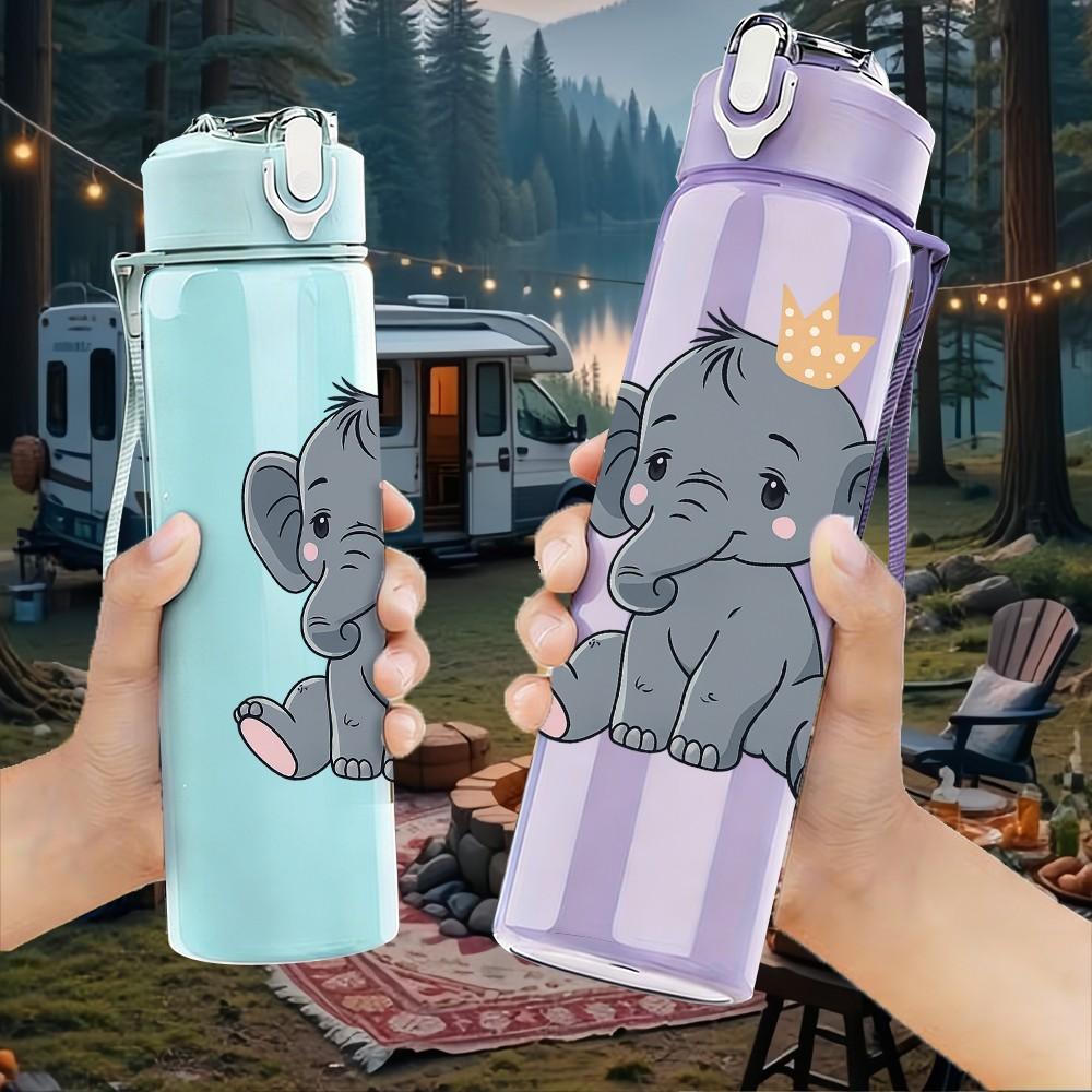 1PC Cute Baby Elephant Cartoon Print 750ml Color Plastic Sports Water Bottle Leakproof Flip Straw Lid Suitable for Sports Office Home Use
