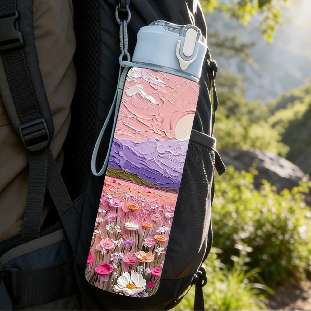 1PC Pink Purple Tulip Flower Field Sunset Scenery 750ml Color Plastic Sports Water Bottle Leakproof Flip Straw Lid Suitable for Sports Office Home Use
