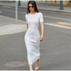 Elegante Faden Strick Solide Kleid Frauen Schlank O-Ausschnitt Kurzarm Hüfte Paket Weibliche Lange Kleider Sommer Dame Chic Robe