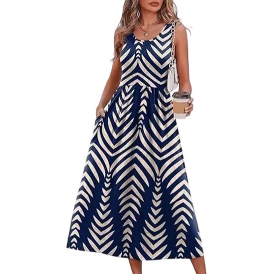 

Women s Summer Dress Topiary Print Sleeveless Crewneck Swing Dress Casual Beach Vacation Flowy A-line Sundress XL темно-синий