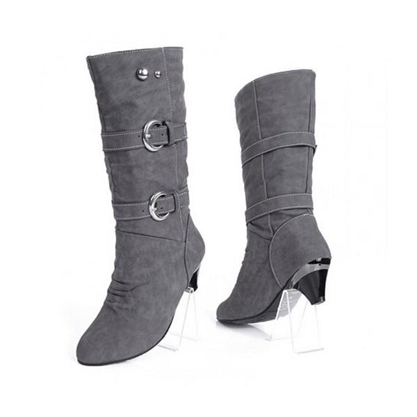 Women Fashion  Shoes Slope with Boots Leather Boots Belt Buckle Metal Boots