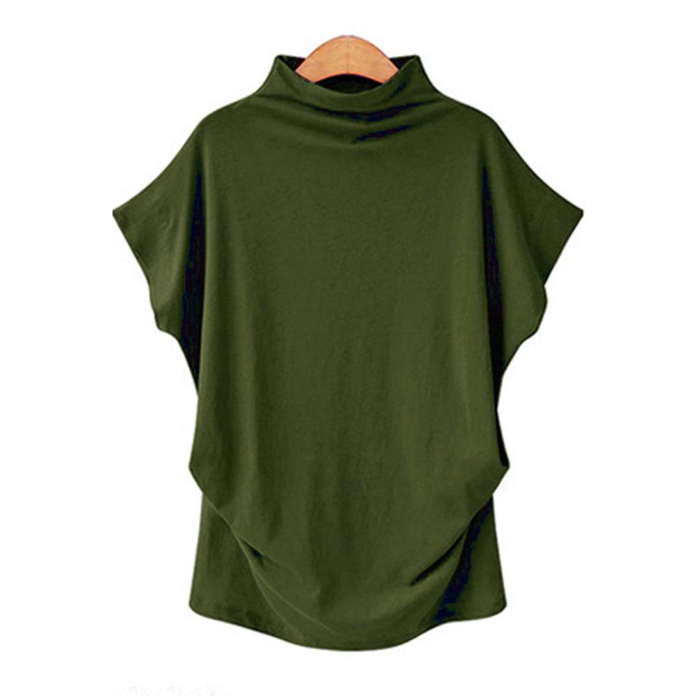 Plus Size Women's Solid Batwing Sleeve T-Shirt - Half-High Collar, Loose Fit, Polyester-Cotton Blend, Short-Sleeve