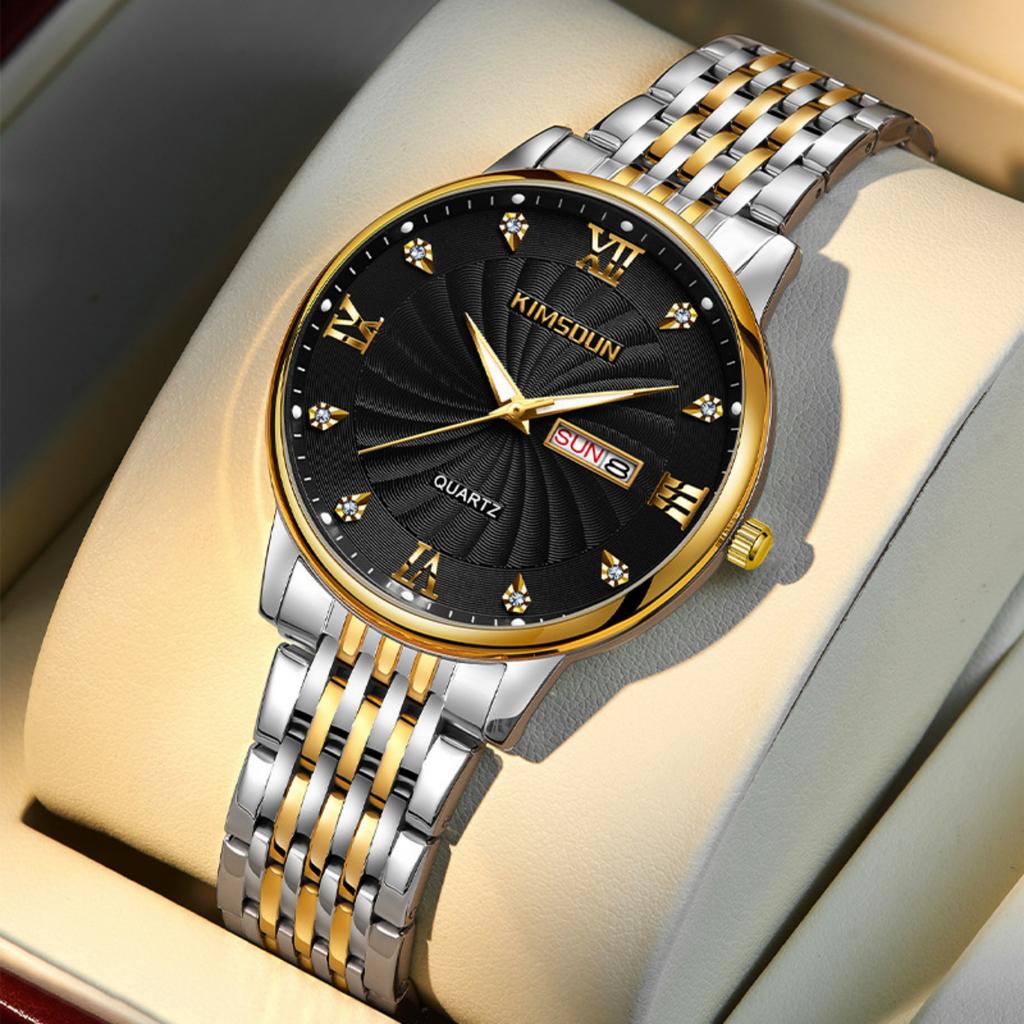 Men Quartz Wristwatch Round Dial Band Rhinestone Day Date Display Luxury Business Male Wrist Watch Fashion Watch Gift For Men