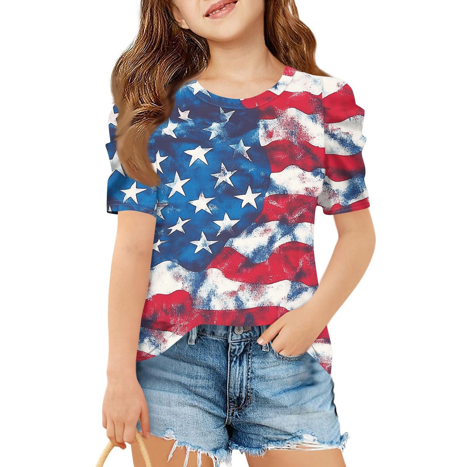

Summer Girls Short-Sleeved Top, Children s Round-Neck Independence Day Casual T-shirt 120 синий