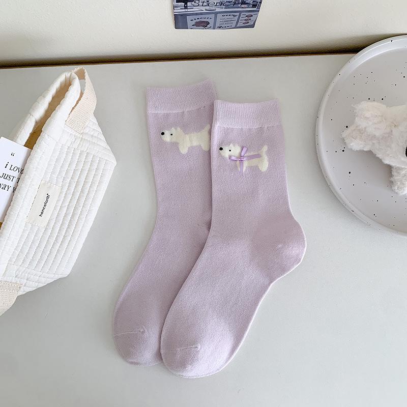 

Женские весенне-летние тонкие мультяшные милые носки с бантиком и щенком, сладкие, впитывающие, дышащие, трубчатые, из хлопка 1 pair светло-фиолетовый