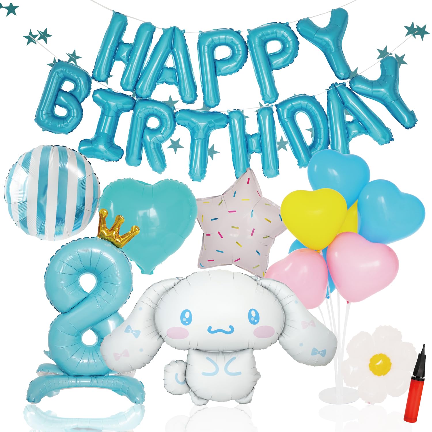 

deerzon Cinnamoroll Cinnamon Набор для украшения воздушными шарами на день рождения для мальчиков и девочек, подставка для шаров, гирлянда в виде сердечек и цифры для 1-го, 2-го и 3-го