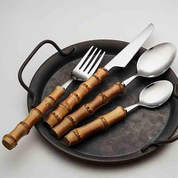 4PCS Creative Bamboo Handle Stainless Steel Tableware With Steak Knives Flatware Knives Set Includes Dessert Spoon Forks