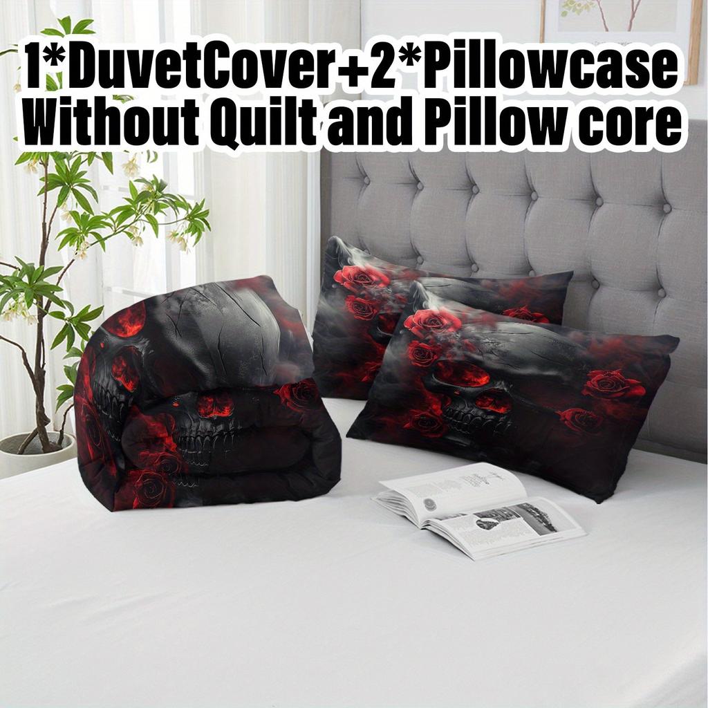 3pcs Duvet Cover Set Without Core 1 Quilt Cover + 2 Pillowcases Soft and Machine Washable Skull Design Bedding Set for Bedroom,