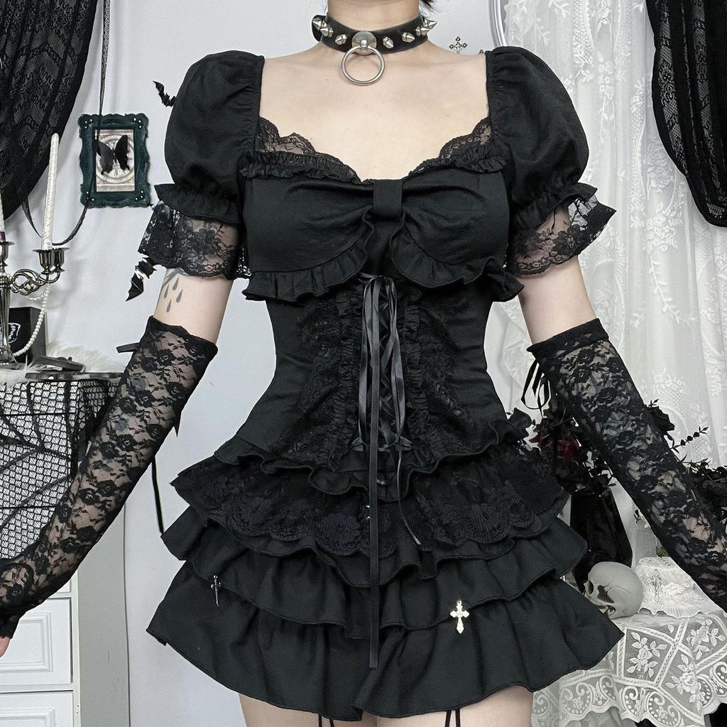 KALAOK Gothic Lolita Kostyme 2-delt sett (Topp + Kjol med volanger), Svart B, Størrelse L