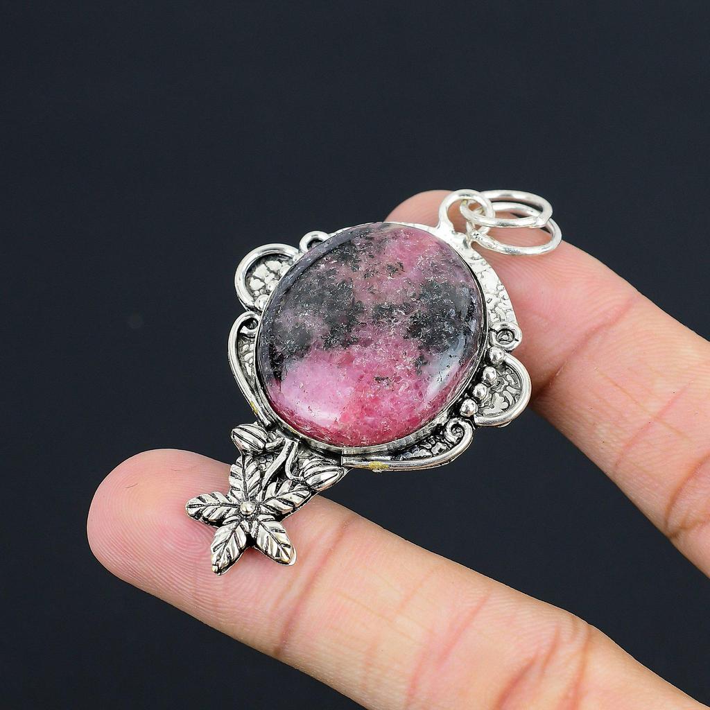 Mothers day Sale 925 Sterling Silver Rhodonite Stone Flower Wife Pendant Jewelry