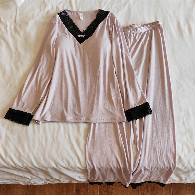 

Женский кружевной комплект пижамы с каймой, сексуальный с V-образным вырезом, модальная пижама, однотонная свободная повседневная ночная рубашка, милое интимное белье, домашняя одежда 2XL