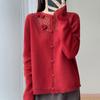 Women's Handmade 100% Mercerized Wool Cardigan - Round Neck Hollow Out Design for Autumn/Winter