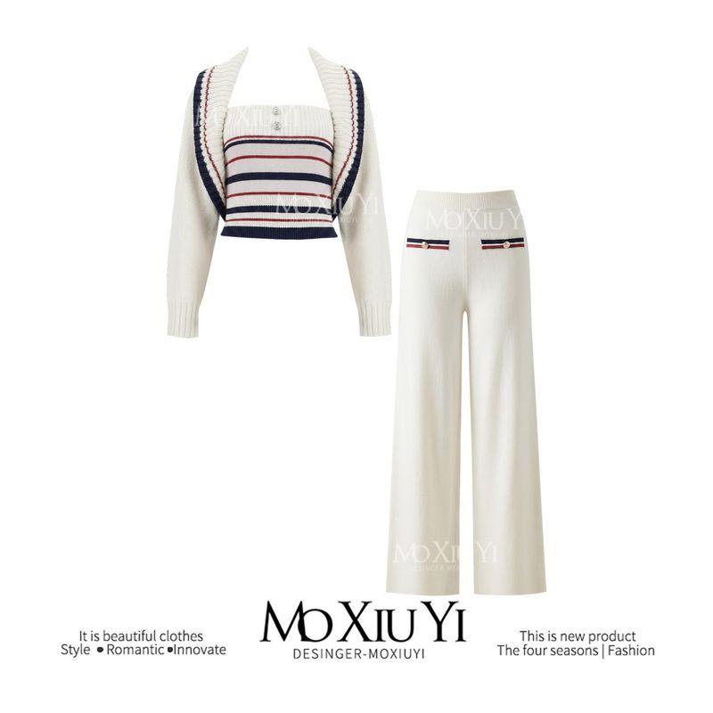 Moxiuyi Studio [in Stock] Casual Striped Tweed Large Lapel Knitted Cardigan and Pants Set for Women Long pants S